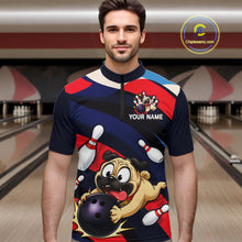 Load image into Gallery viewer, Man wearing a navy, red, and white bowling quarter zip featuring a cartoon pug holding a purple bowling ball, pins, and custom your name text.