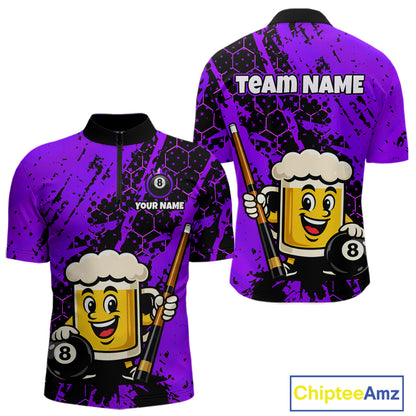 Custom Funny Purple Beer 8 Ball Pool Billiard Shirt for Men Polo & 1/4 Zip, Billiard Team Jerseys NNT147