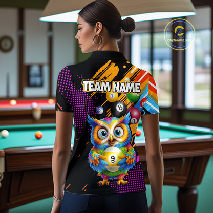 Custom Funny Colorful Owl 9 Ball Pool Billiard Shirt for Women Billiard Team Jersey Polo & 1/4 Zip NNT156