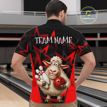 Load image into Gallery viewer, Person wearing a black bowling shirt with a sheep graphic and 'Team Name' text in a bowling alley.