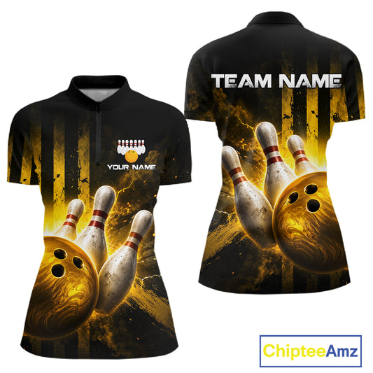 Bowling-themed shirt with customizable text on a black background