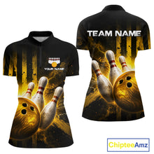 Load image into Gallery viewer, Bowling-themed shirt with customizable text on a black background