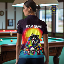 Load image into Gallery viewer, Person wearing a shirt with a colorful design of a dog playing pool in a billiards room.