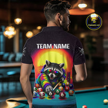 Load image into Gallery viewer, Person wearing a shirt with a raccoon playing pool design and 'TEAM NAME' text.