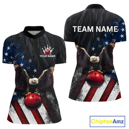 Front and back views of a customizable short-sleeve athletic jersey featuring a patriotic American flag design with bald eagles and red bowling balls, on a white background with a ChipteeAmz logo.
