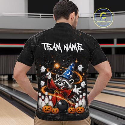 A man viewed from behind wearing a black short-sleeve button-up shirt with a large Halloween-themed graphic on the back. The design features a raccoon in a wizard hat, ghosts, pumpkins, bowling pins, a bowling ball, and the text 'TEAM NAME'.