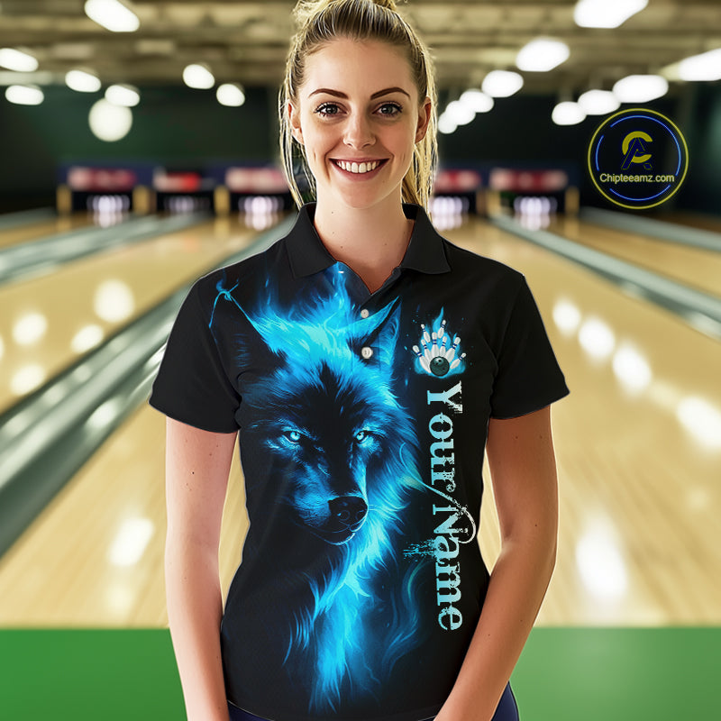 Custom Blue Flame Wolf Bowling Jersey for Women Polo & 1/4 Zip Bowling Team Shirts HNT148