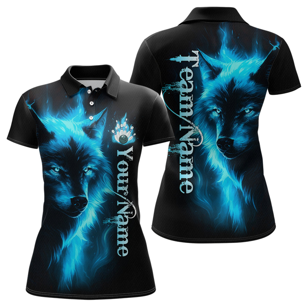 Custom Blue Flame Wolf Bowling Jersey for Women Polo & 1/4 Zip Bowling Team Shirts HNT148