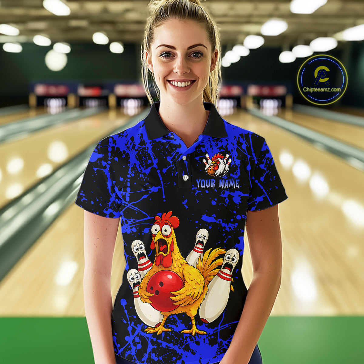 Custom Blue Funny Chicken Bowling Jersey for Women Bowling Uniform Bowling Team Shirts HNT282