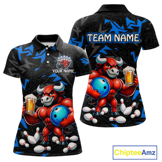 Custom blue beer bull bowling jersey for women, personalized team bowling polo shirt front view and back view