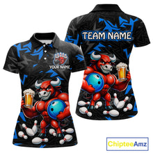 Load image into Gallery viewer, Custom blue beer bull bowling jersey for women, personalized team bowling polo shirt front view and back view