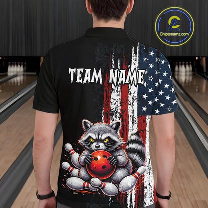 Men’s us flag raccoon bowling polo shirt, back view on male model in bowling lane 