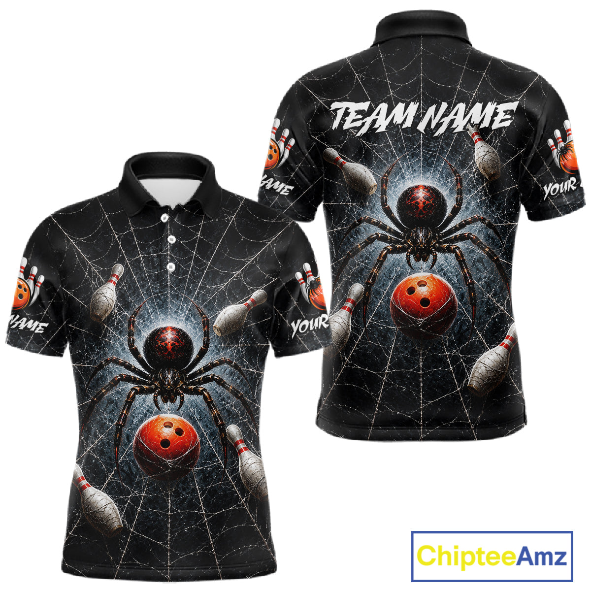 Front and back views of a black short-sleeve polo shirt featuring a 3D spider and bowling ball graphic on a web background, with customizable text placeholders 'TEAM NAME' and 'YOUR NAME' on the chest and sleeves.