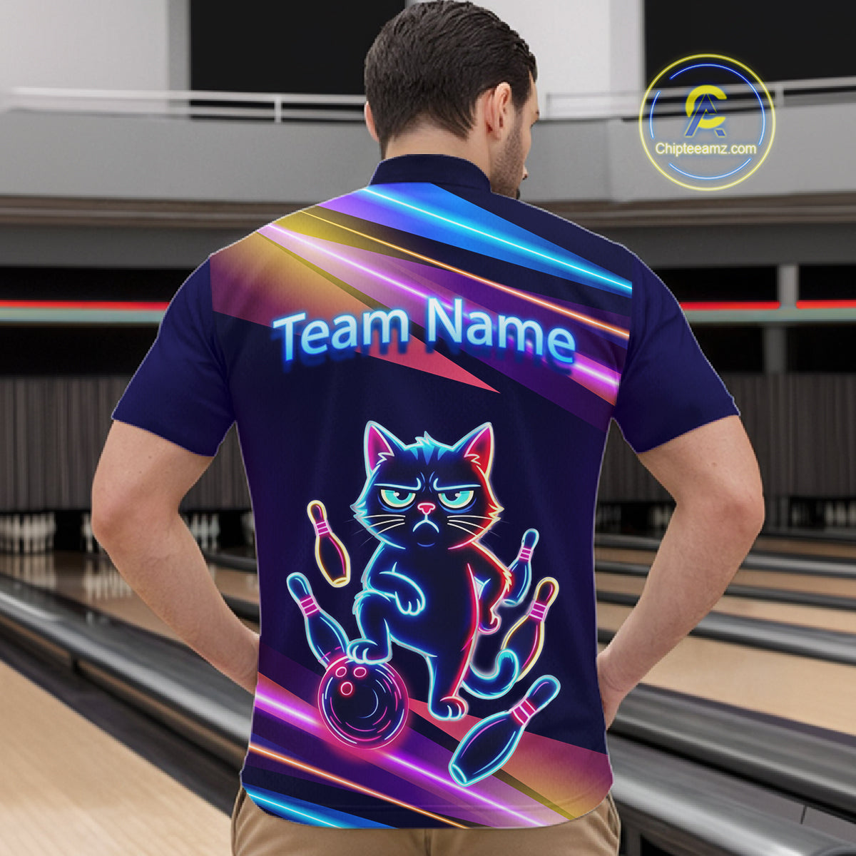 Custom Funny Cat Neon Bowling Jerseys for Men Bowling League Polo & 1/4 Zip Bowling Team Shirts HNT202