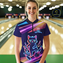 Load image into Gallery viewer, Custom Funny Cat Neon Bowling Jerseys for Women Bowling League Polo &amp; 1/4 Zip Bowling Team Shirts HNT202