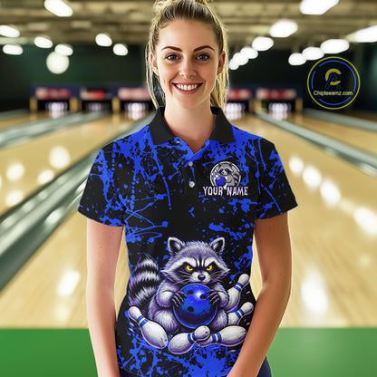 Custom Blue Raccoon Bowling Jersey for Women Bowling Uniform Polo & 1/4 Zip Bowling Team Shirts HNT224