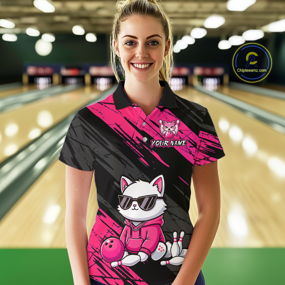 Custom Funny Pink Cat Bowling Jersey for Women Bowling Team Shirts Bowling Polo & 1/4 Zip HNT257