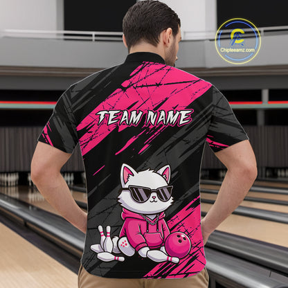 Custom Funny Pink Cat Bowling Jersey for Men Bowling Team Shirts Bowling Polo & 1/4 Zip HNT257
