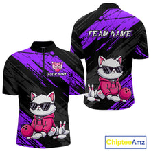Load image into Gallery viewer, Custom Funny Purple Cat Bowling Jersey for Men Bowling Team Shirts Bowling Polo &amp; 1/4 Zip HNT257