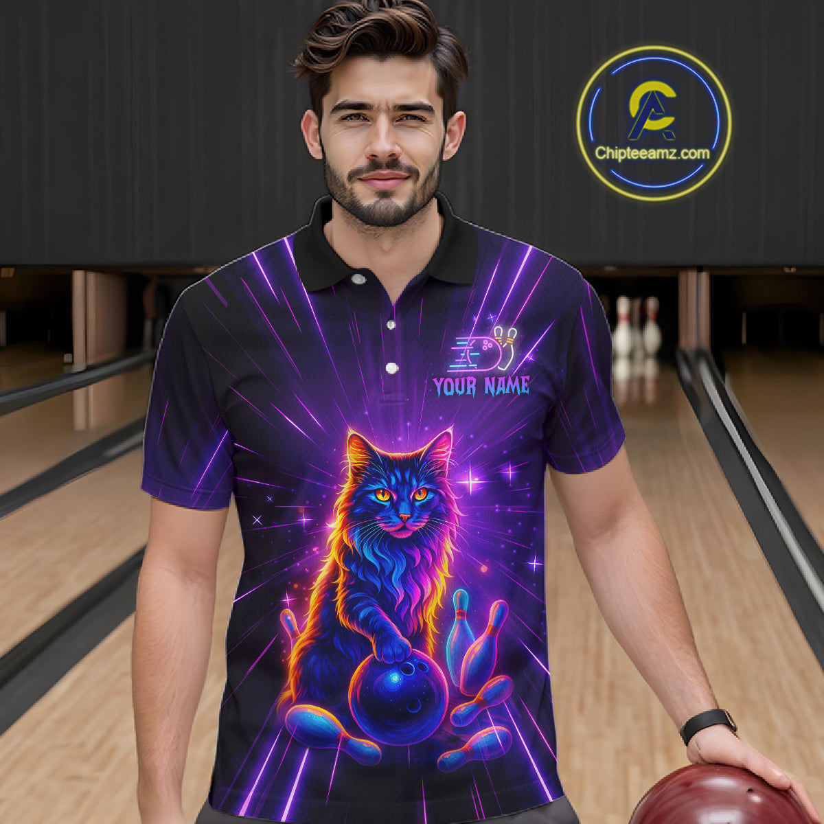 Custom Neon Cat Bowling Jersey for Men Bowling Team Shirts Bowling League Polo & 1/4 Zip HNT153