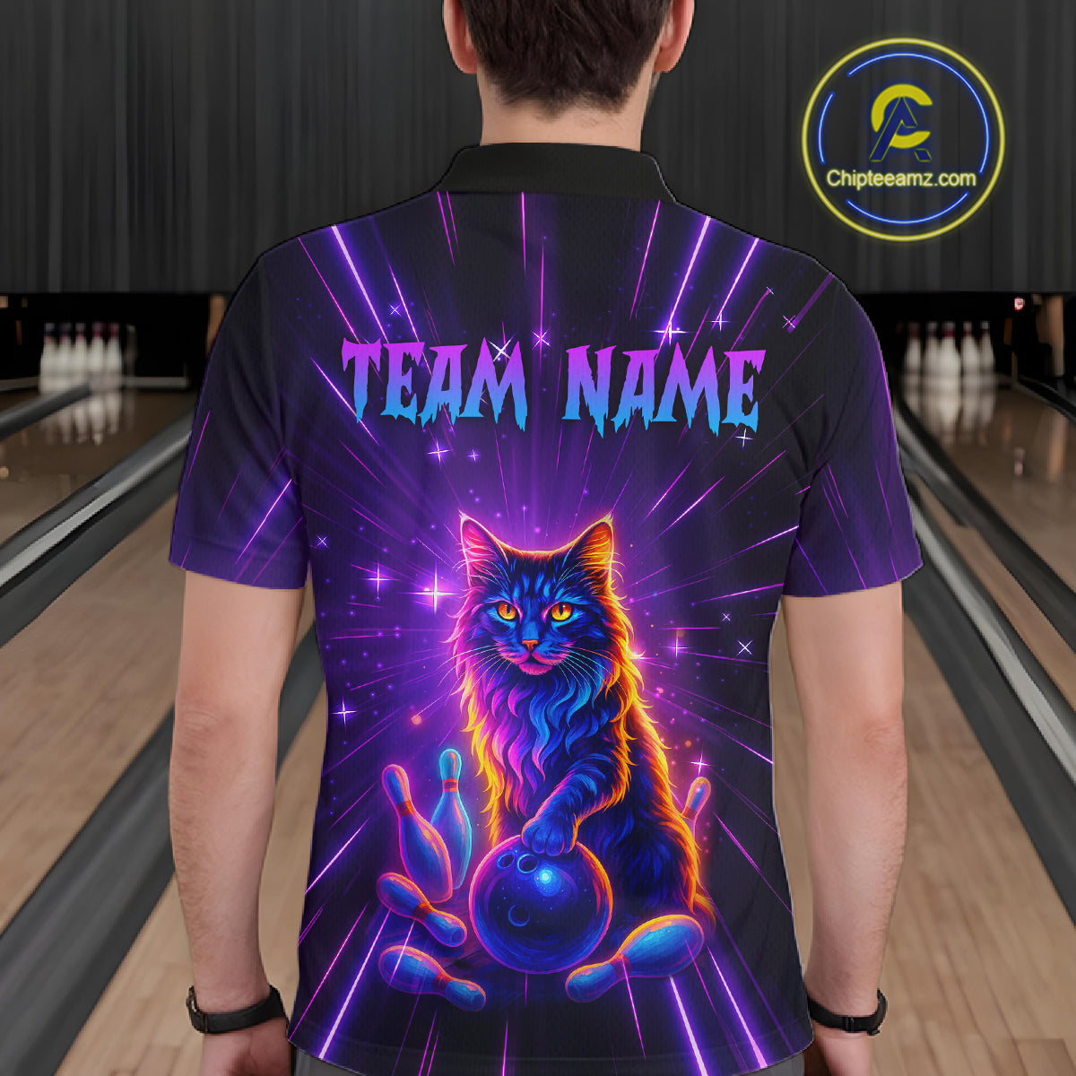 Custom Neon Cat Bowling Jersey for Men Bowling Team Shirts Bowling League Polo & 1/4 Zip HNT153