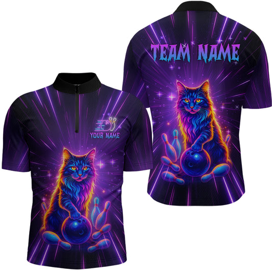 Custom Neon Cat Bowling Jersey for Men Bowling Team Shirts Bowling League Polo & 1/4 Zip HNT153
