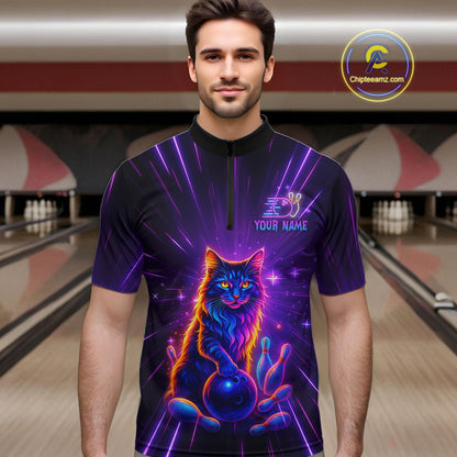 Custom Neon Cat Bowling Jersey for Men Bowling Team Shirts Bowling League Polo & 1/4 Zip HNT153