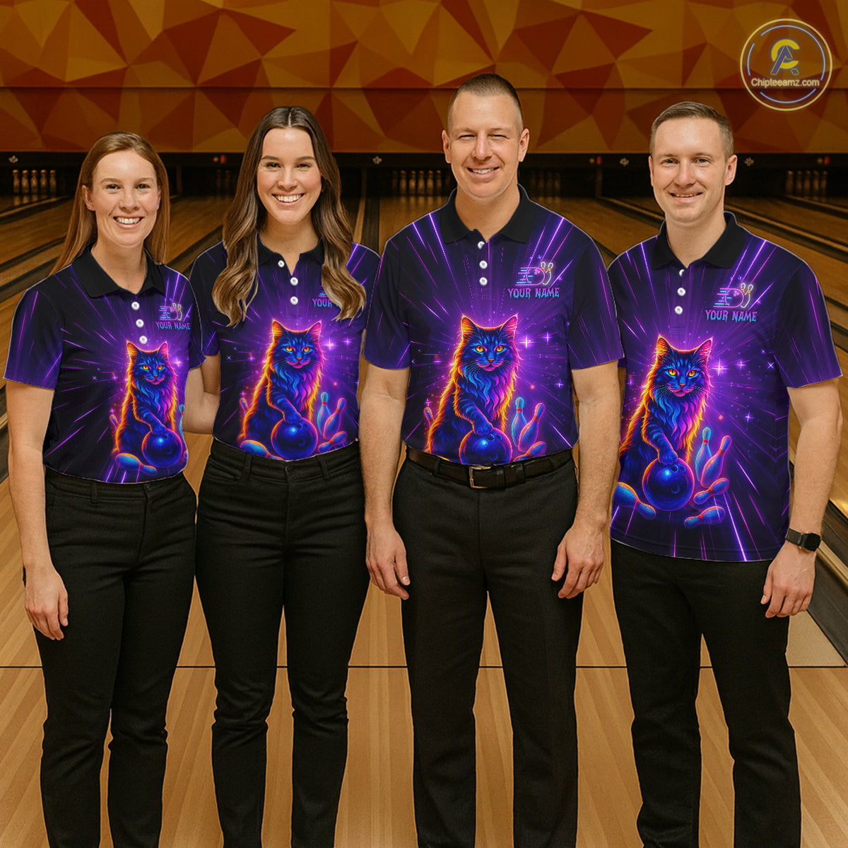 Custom Neon Cat Bowling Jersey for Men Bowling Team Shirts Bowling League Polo & 1/4 Zip HNT153