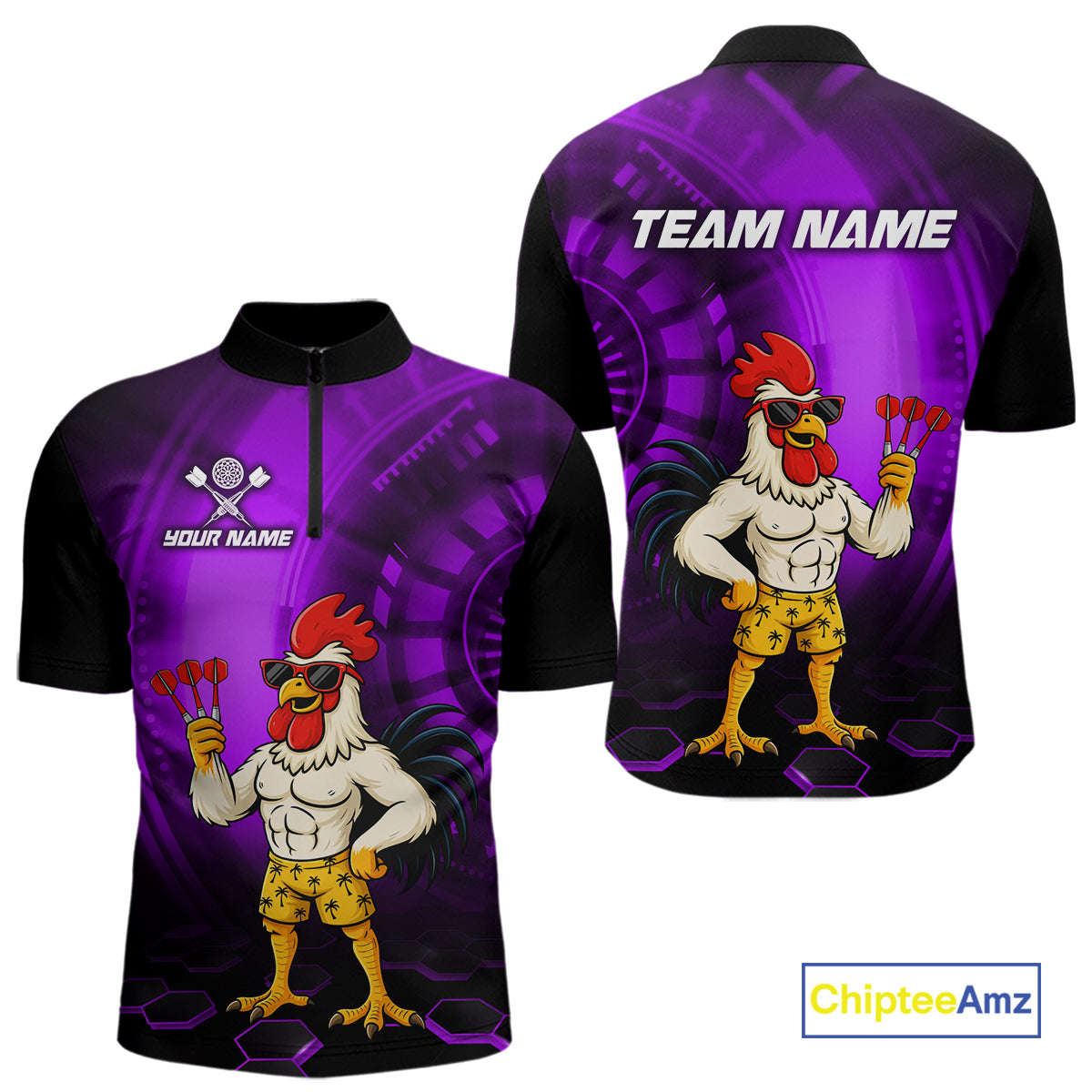 Custom Purple Funny Chicken Darts Shirt for Men Darts Team Jerseys Polo & 1/4 Zip Dart League NNT131