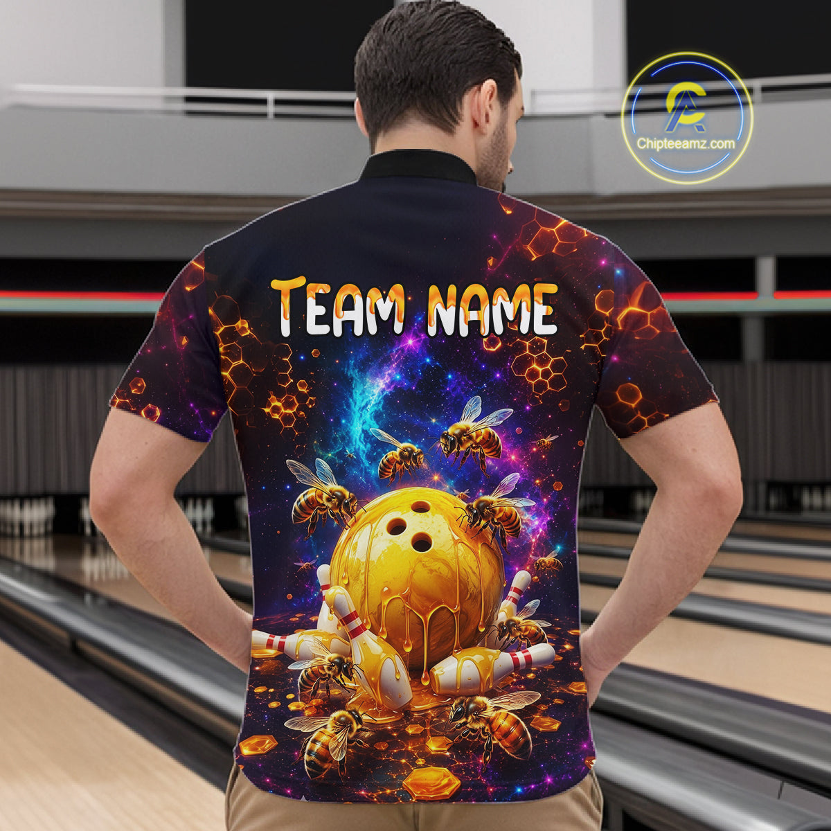 Man bowling posing in matching dark cosmic shirts with honeycomb patterns, bees, dripping golden bowling balls, and custom team name text.