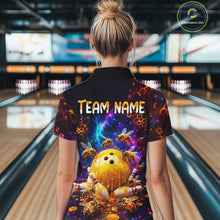 Load image into Gallery viewer, Woman wearing of a dark bowling polo with cosmic honeycomb graphics, bees, honey-dripping bowling balls, pins, and custom team name text.