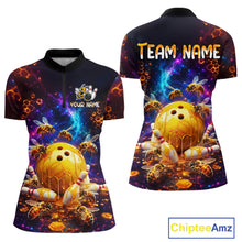 Load image into Gallery viewer, Front and back views of a dark bowling quarter zip with cosmic honeycomb graphics, bees, honey-dripping bowling balls, pins, and custom team text.