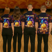 Load image into Gallery viewer, Four-person bowling team posing in matching dark cosmic shirts with honeycomb patterns, bees, dripping golden bowling balls, and custom name text.