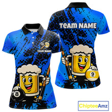 Load image into Gallery viewer, Custom pool team shirt featuring a cartoon beer mug character, 8-ball and 9-ball graphics, and personalized “TEAM NAME” and “YOUR NAME” text areas.