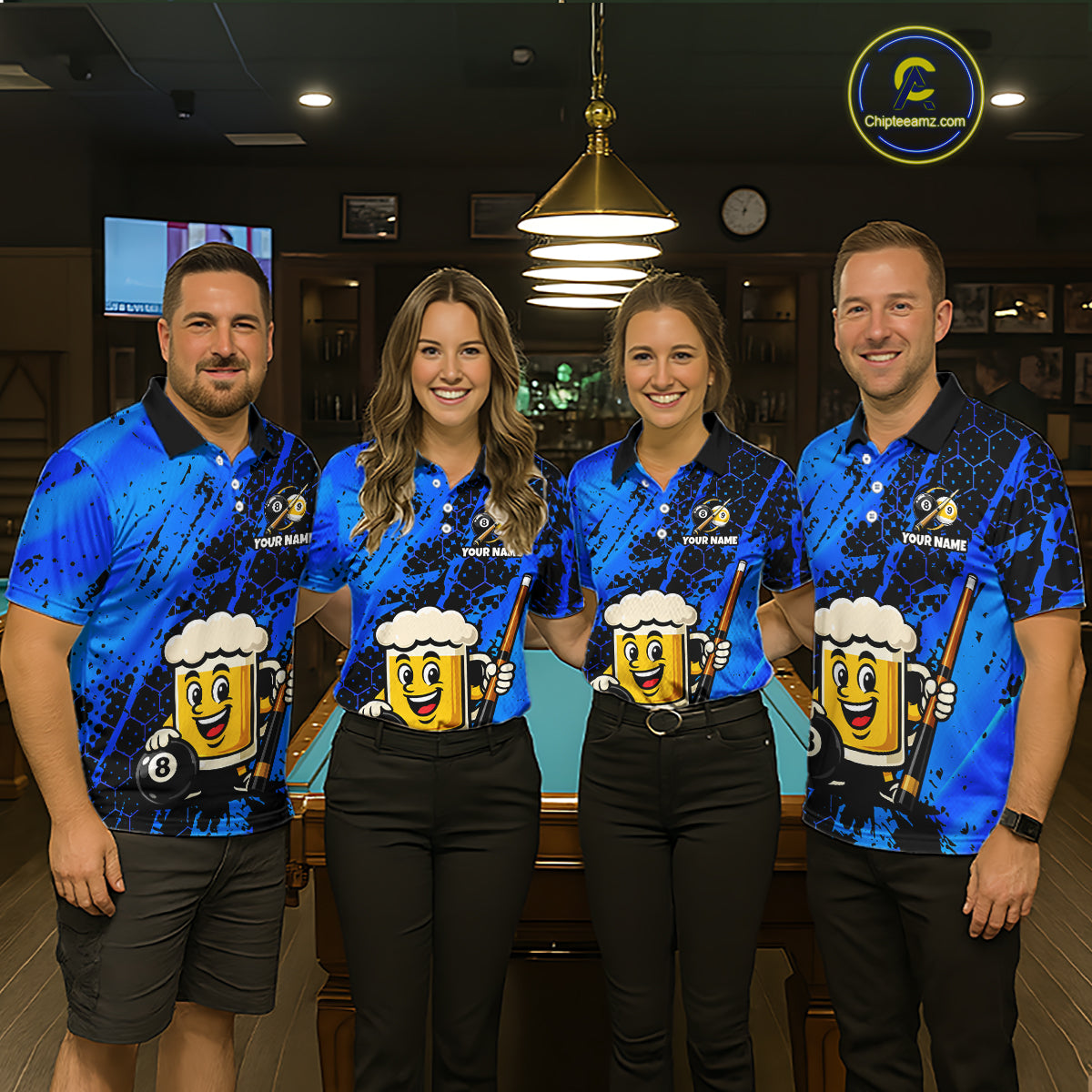 Four teammates in a billiards hall wearing matching blue funny beer-themed pool polos, sleeve name text, and large 8-ball graphics.