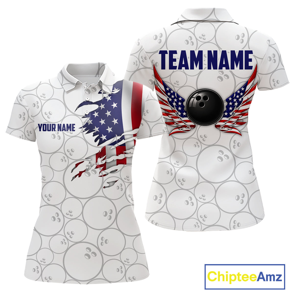 Front and back views of a white short-sleeve polo shirt with a bowling-themed design. The shirt features a repeating gray bowling ball pattern, a torn American flag graphic on the front, a black bowling ball with red and blue wings on the back, and customizable text placeholders 'YOUR NAME' and 'TEAM NAME'.
