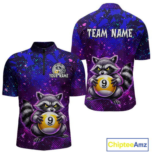 Purple raccoon-themed shirt with billiard ball design and customizable text on a white background.