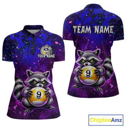 Purple polo shirt with raccoon design and customizable text on a white background