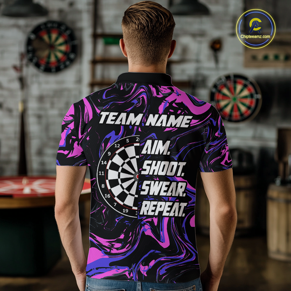 Pink-Purple Pattern Aim Shoot Swear Repeat Darts Team Jerseys Dart Shirts For Men NNT168