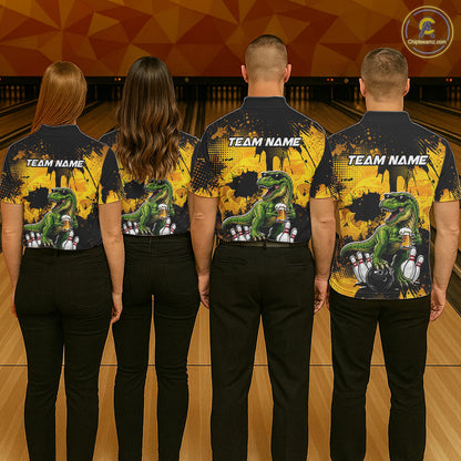 Four people wearing bowling polo shirt featuring a dinosaur holding beer with bowling pins and ball artwork on black yellow background.