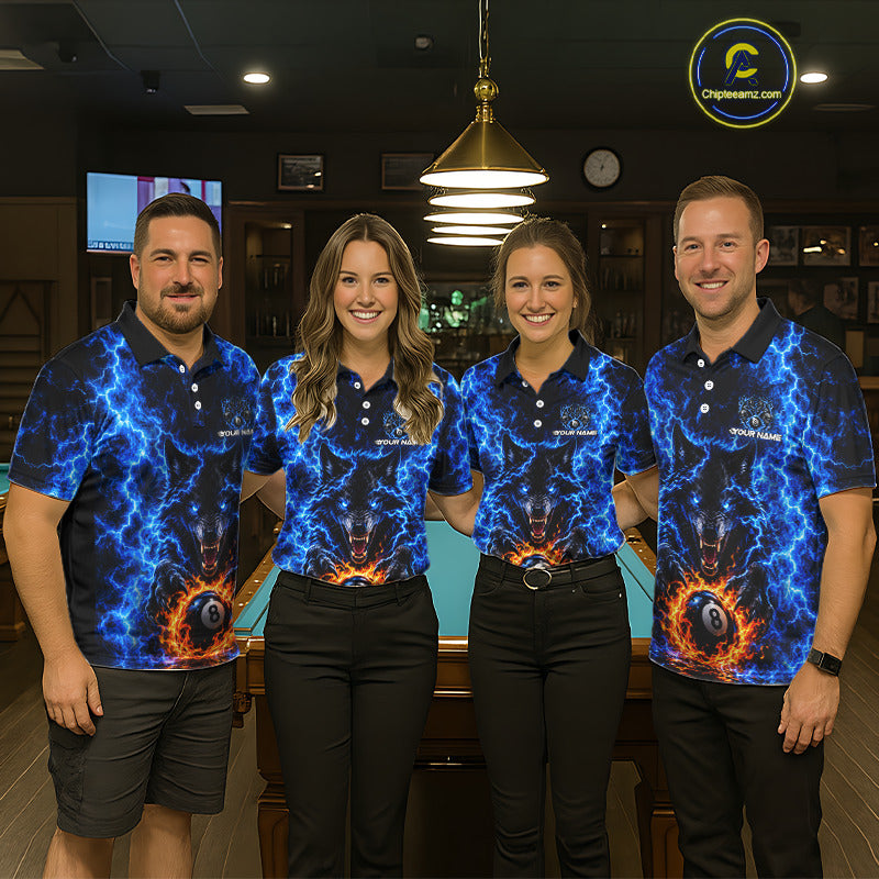 Custom Blue Flame Wolf 8 Ball Billiard Shirts for Men Billiard Team Jerseys Billiard League NNT277