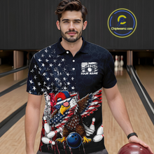 Load image into Gallery viewer, Man wearing a dark patriotic bowling polo with distressed stars-and-stripes graphics, a eagle , bowling pins, and custom your name text.