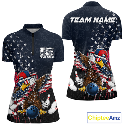 Front and back views of a dark patriotic bowling quarter zip with distressed stars-and-stripes graphics, a eagle , bowling pins, and custom team text.