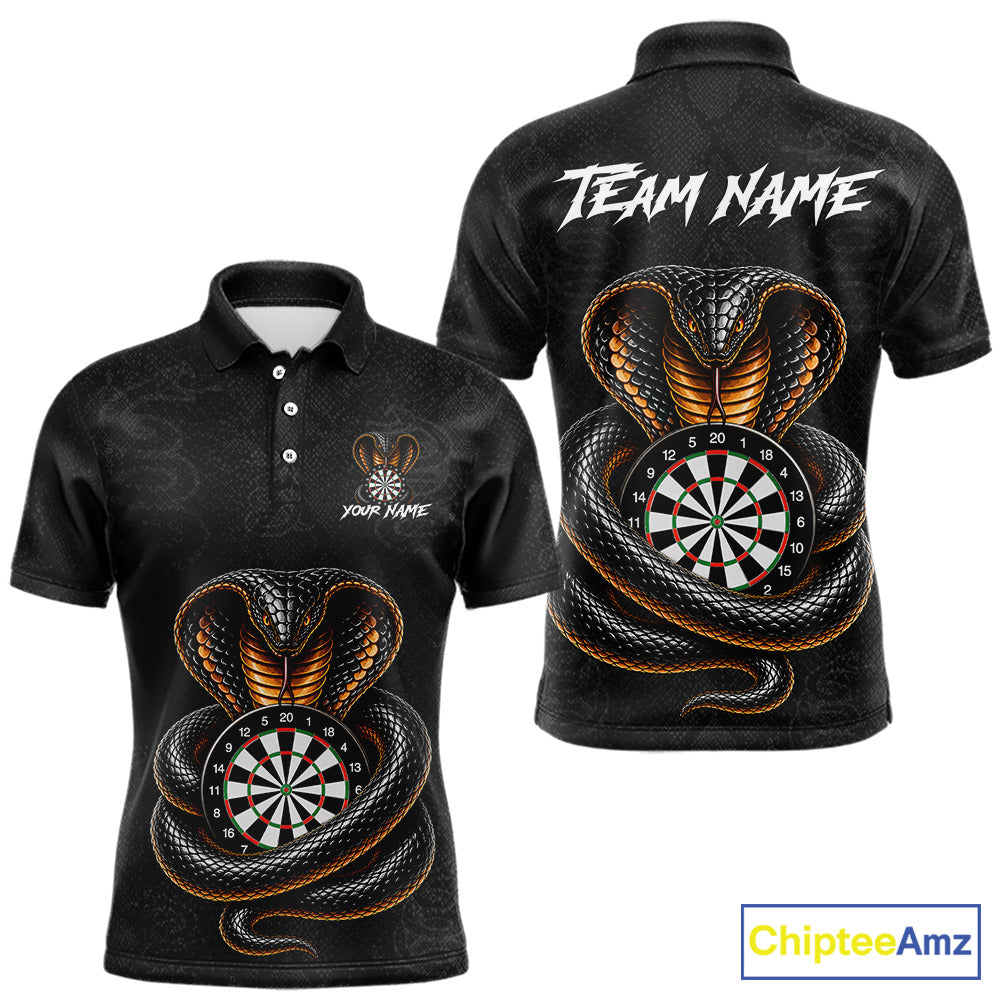 Front and back darts polo shirt featuring a cobra wrapped around a dartboard with detailed cobra snake on a black background.