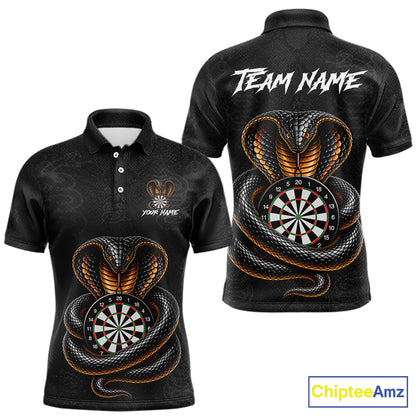Front and back darts polo shirt featuring a cobra wrapped around a dartboard with detailed cobra snake on a black background.