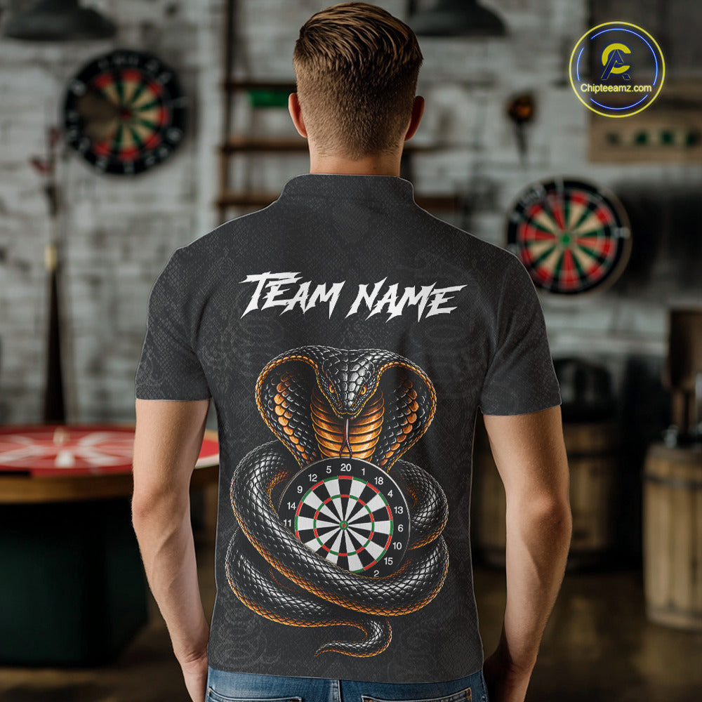 Man wearing darts polo shirt featuring a cobra wrapped around a dartboard with detailed cobra snake on a black background.