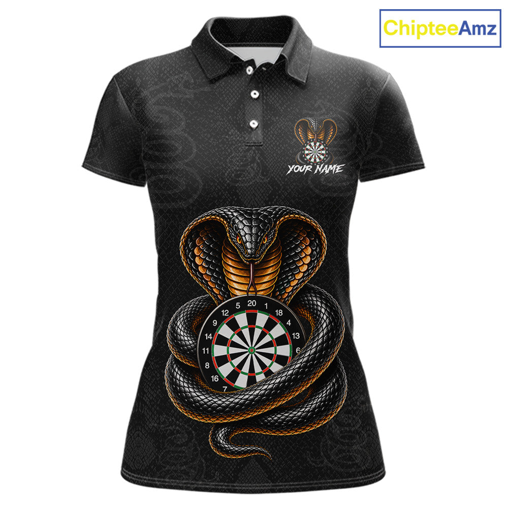 Front darts polo shirt featuring a cobra wrapped around a dartboard with cobra snake artwork on a black background.