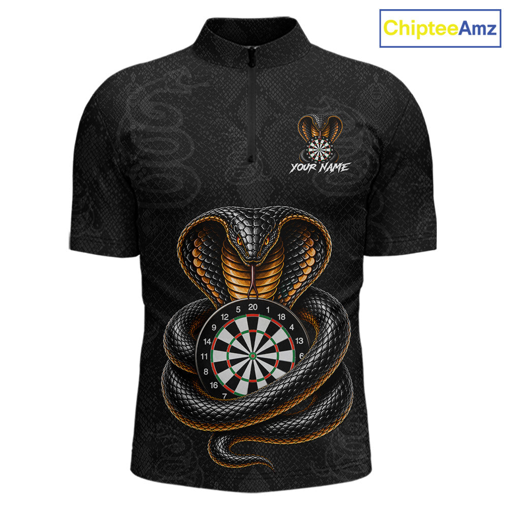 Front darts quarter zip shirt featuring a cobra wrapped around a dartboard with detailed cobra snake on a black background.