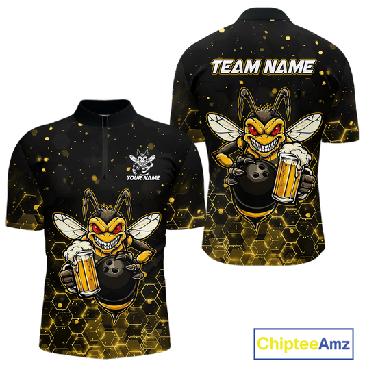 Custom Funny Beer Bee Bowling Jersey for Men Bowling Team Shirts Polo & 1/4 Zip HNT191