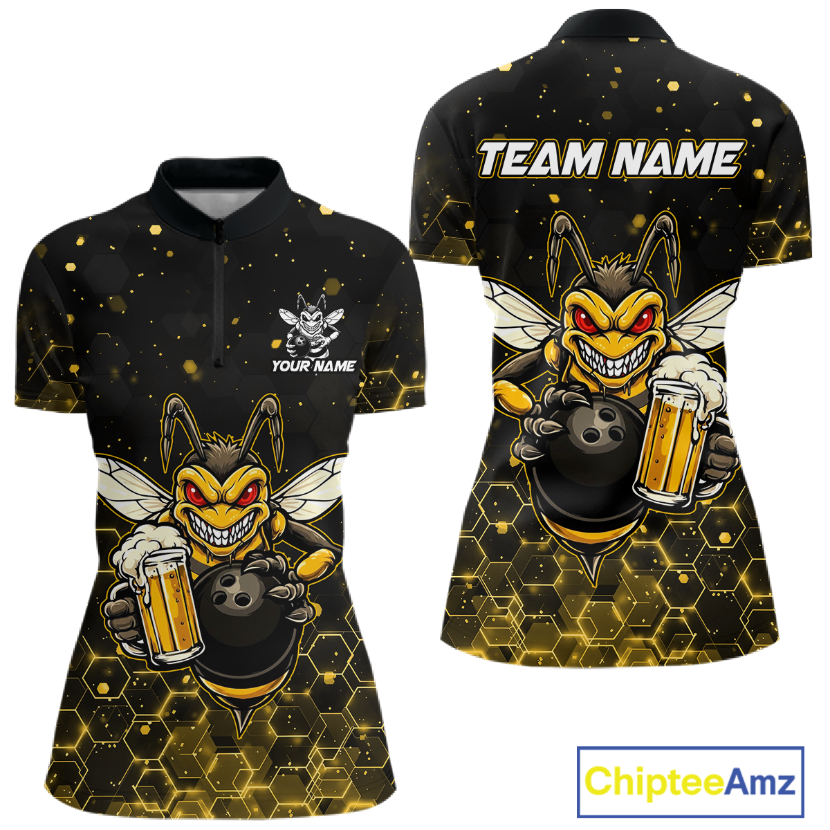 Custom Funny Beer Bee Bowling Jersey for Women Bowling Team Shirts Polo & 1/4 Zip HNT191